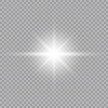 Beyaz parlayan ışık şeffaf bir arkaplanda patlar. Parlak sihirli toz parçacıkları. Parlak Yıldız. Şeffaf, parlak güneş. Vektör ışıltısı. Parıltıyı ortalamak için. Noel