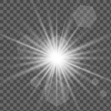 Altın ışık efekti, saydam arkaplanda izole edilmiş ışıltılarla parlayan yıldızlar.