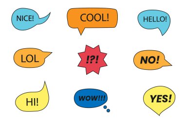 Beyaz arkaplanda Retro boş baloncuk koleksiyonu. Vektör illüstrasyonu, klasik tasarım, pop sanat tarzı - vektör illüstrasyonu