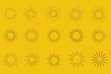 Tasarımınız için retro güneş patlaması şekilleri koleksiyonu. Klasik ışık ışınları seti. El yapımı vektör tasarımı ögeleri.