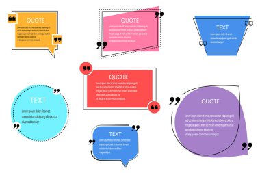 Metin tasarım şablonu. Soyut mesaj kutuları. Konuşma balonu notu, vektör özet çerçeve set tırnak içinde balon blog sembolleri.