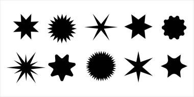 Güzel şekil koleksiyonu. Basit piktogramlar. Farklı yıldızlar, siyah siluetler, noel parlayan geometrik semboller ve şerif yıldızı.