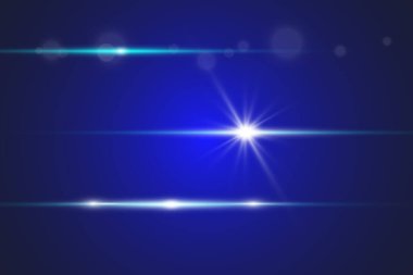 Mavi yatay mercek fişeği paketi. Lazer ışınları, yatay ışık ışınları. Çok güzel ışık parlamaları. Karanlık arka planda parlak çizgiler. Parlak, soyut, ışıl ışıl bir arka plan.