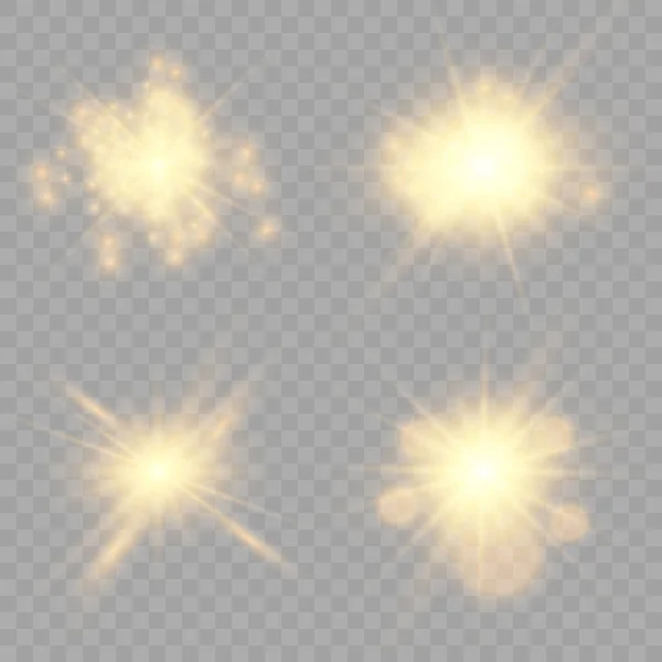透明な背景に存在する金色の輝く光の効果のセット 光線とスポットライト付きの太陽の閃光 光る効果 輝く星のバースト — ストックベクタ