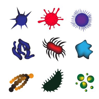 Beyaz arka planda izole edilmiş çeşitli mikroorganizmalar. Bulaşıcı mikrop koleksiyonu, protestolar, mikroplar. EPS10