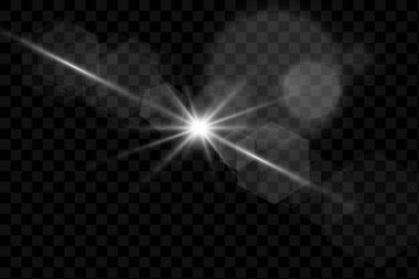 Parlak ışık efekti. Şeffaf arkaplanda parıldayan yıldız patlaması. Yıldız parladı. Güneş. Vektör illüstrasyonu EPS10