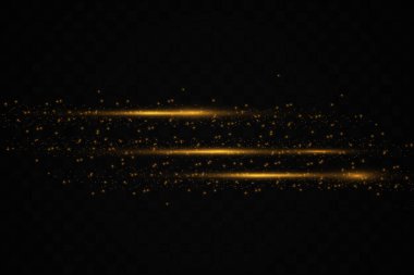 Şık altın ışık efekti. Soyut lazer ışınları. Kaotik neon ışınları. Altın parıltılar. Şeffaf karanlık arka planda izole edilmiş. Vektör çizimi. EPS 10