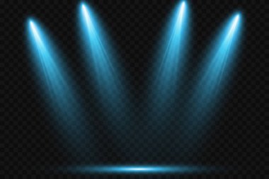 Vektör ışığı kaynakları, konser ışıkları, sahne projektörü ayarlandı. Işınla birlikte sahne ışığı, web tasarımı ve yayıncılığı için aydınlatılmış spot ışıkları