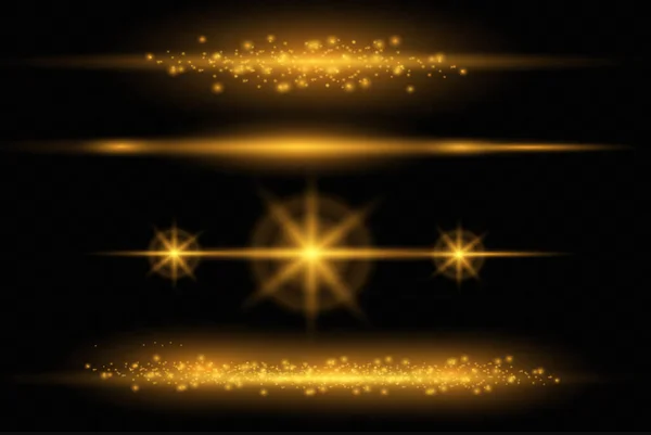 Conjunto Flashes Luzes Brilhantes Sobre Fundo Transparente Brilhantes Lampejos Ouro — Vetor de Stock