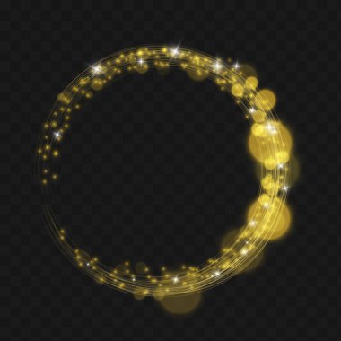 Altın parıltılı parıltı çemberi. Şeffaf bir yerde, tropikal yıldız ışığıyla parıldayan altın parlak parçaların vektör çemberi.