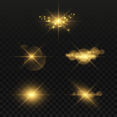 Parlama, ışık ve kıvılcım koleksiyonu. Optik fişekler. Şeffaf bir arkaplanda soyut altın ışıklar izole edildi. Altın parıltılar ve parıltılar. Vektör çizimi. EPS 10