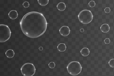 Arkaplanda saydam sabun köpükleri uçuşuyor. Gerçekçi renkli toplar. Vektör dokusu..