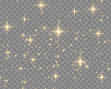 Toz kıvılcımları ve altın yıldızlar özel ışıkla parlıyor. Şeffaf bir arkaplanda vektör parıldıyor. Noel ışığı etkisi. Işıldayan sihirli toz parçacıkları iç stok vektörü.