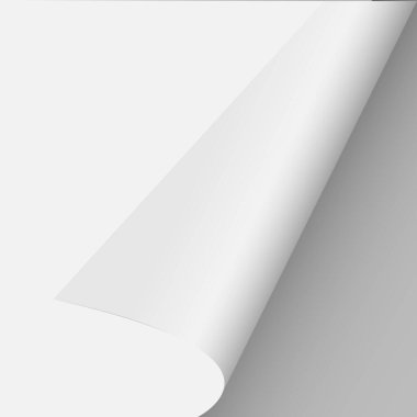 Saydam arka planda gölgesi olan kıvrık sayfa köşesi. Boş bir kağıt parçası. Vektör illüstrasyonu.