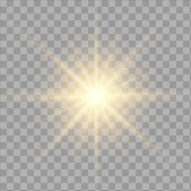 Beyaz parlayan ışık patlaması şeffaf. Işın parıltılarıyla serin efekt dekorasyonu için vektör illüstrasyonu. Parlak yıldız. Şeffaf parlak parlak parıltı, parlak alevler. Parlak desen.