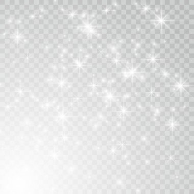 Şeffaf arkaplanda beyaz parlayan ışık efekti izole edildi. Parlak işaret fişeği. Sihirli parıldayan toz parçacıkları. Parıltılı yıldız patlaması. Vektör illüstrasyonu