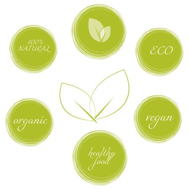 Biyoloji, Ekoloji, Organik logolar ve simgeler, etiketler. El yapımı biyo-sağlıklı gıda rozetleri, bir dizi hammadde, vegan, sağlıklı besin işaretleri, organik ve elementler..