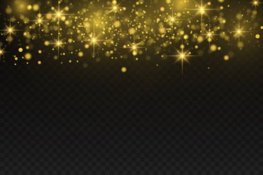 Noel ışığı etkisi. Parçacıkların parıltı etkisi. Şeffaf bir zemin üzerinde ışıldayan vektör sihirli toz parçacıkları parlıyor. Toz ve altın yıldızlar özel bir ışıkla parlıyor..