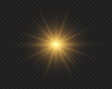 Parlak ışık saçan yıldız, saydam bir arkaplanda parlayan sarı ışık, parlak yıldız, altın ışık efekti, ışıltılı güneş ışığı, sarı güneş ışınları, vektör.