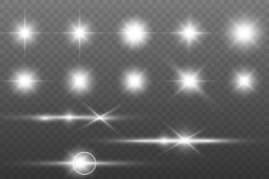 Beyaz parlayan ışık şeffaf bir arkaplanda patlar. Parlak sihirli toz parçacıkları. Parlak Yıldız. Şeffaf, parlak güneş. Vektör ışıltısı.