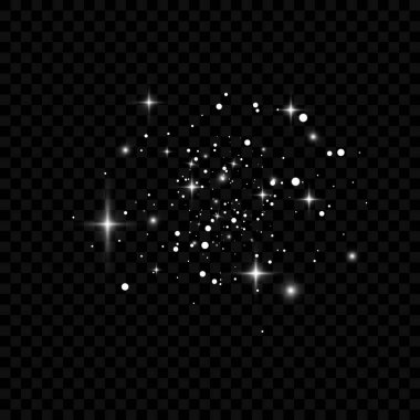 Toz kıvılcımları ve altın yıldızlar özel ışıkla parlıyor. Şeffaf bir arkaplanda vektör parıldıyor. Noel ışığı etkisi. Işıldayan sihirli toz parçacıkları iç stok vektörü.