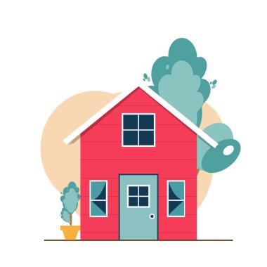 Çatısı olan evin dış görünüşü. Modern. Kapıları ve pencereleri olan ev cephesi. Kulübe koleksiyonu, modern mimari. Gayrimenkul fikri. Düz bir tarzda modern binalar. Vektör illüstrasyonu.