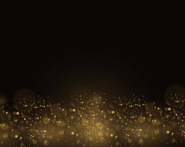 Renkli ışıklarla süslü altın renkli arka plan bokeh. Noel konsepti. Siyah arkaplanda soyut parlayan bokeh ışıkları var. Sihirli kavram. Vektör illüstrasyonu, EPS 10.