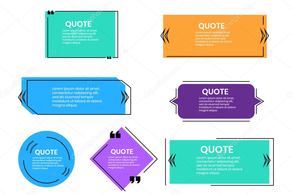 Quote frames blank templates set on white background. Remark. Bubble comment, message borders, boxes, banners. Speech balloon with quotation marks, think, speak, talk, commas, text box. Vector