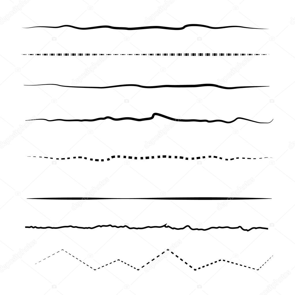 Set of wavy horizontal lines. Marker hand-drawn line border set and scribble design elements. Set of art brushes for pen. Hand drawn grunge brush strokes. Vector illustration, EPS 10.