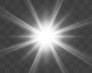 Beyaz parlayan ışık patlaması şeffaf. Işın parıltılarıyla serin efekt dekorasyonu için vektör illüstrasyonu. Parlak yıldız. Şeffaf parlak parlak parıltı, parlak alevler. Parlak desen.