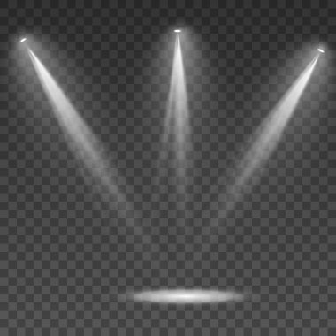 Altın spot ışıkları izole edildi. Beyaz sarı, sıcak ışıklar. Vektör Spotlights. Sahne. Işık Efektleri. Vektör illüstrasyonu. Sahne aydınlatma için arama ışığı koleksiyonu, hafif şeffaf efektler.