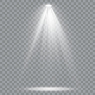 Altın spot ışıkları izole edildi. Beyaz sarı, sıcak ışıklar. Vektör Spotlights. Sahne. Işık Efektleri. Vektör illüstrasyonu. Sahne aydınlatma için arama ışığı koleksiyonu, hafif şeffaf efektler.