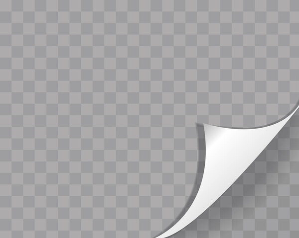 Curled page corner with shadow on transparent background. Bending paper vector mockup. Vector template illustration for your design.