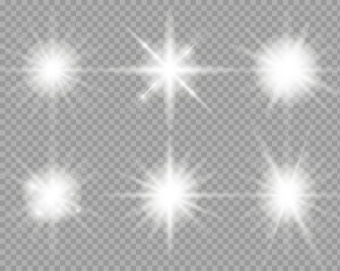 Beyaz parlayan ışık şeffaf bir arkaplanda patlar. Parlak sihirli toz parçacıkları. Parlak Yıldız. Parlayan şeffaf güneş, parlak ışık