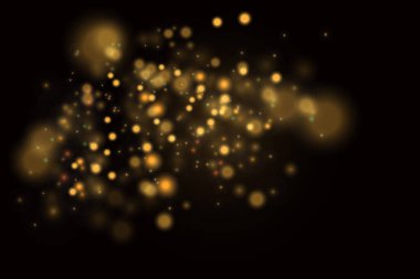 Toz sarıdır. Sarı kıvılcımlar ve altın yıldızlar özel bir ışıkla parlıyorlar. Şeffaf bir arkaplanda vektör parıldıyor. Noel ışığı etkisi. Parıldayan sihirli toz parçacıkları.