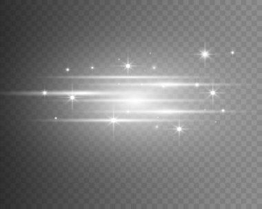 Beyaz yatay mercek fişekleri, lazer ışınları, ışık parlamaları. Işık ışınları, şeffaf arka planda parlak bir ışık çizgisi oluşturur. Parlak soyut parlak çizgiler. Vektör illüstrasyonu