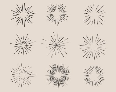 Beyaz arkaplana izole edilmiş güneş patlamaları, patlama efektleri, klasik karalamalar