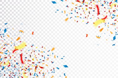 Parti ve yıldönümü için bir sürü rengarenk konfeti parçasına sahip soyut bir arka plan. Vektör illüstrasyonu