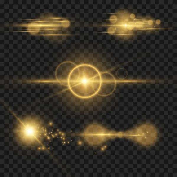 Abstraktní Zlaté Přední Sluneční Čočky Září Průhledným Speciálním Designem Světelného — Stockový vektor