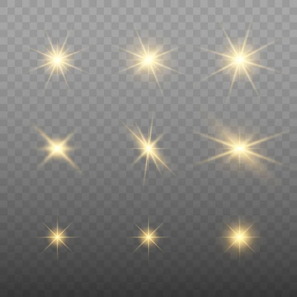 Set Von Goldfunken Isoliert Vektor Glühende Sterne Linsenfackeln Und Funkeln — Stockvektor