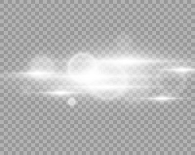 Soyut beyaz ön güneş merceği parlamaları şeffaf özel ışık efekti tasarımı. Hareket halinde vektör bulanıklığı parlıyor. Şeffaf bir arkaplanda izole edilmiş. Dekor elemanı. Yıldızlar ışıldıyordu.