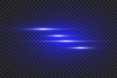 Işıklar ve çizgiler karanlık bir arkaplanda hızla ilerler. Işık efekti tasarımı. Parlak ışıkta vektör bulanıklığı. Dekor elemanı. Yatay ışık demetleri.