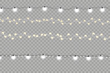 Noel ışıkları gerçekçi tasarım unsurlarını izole etti. Xmas tatil kartları, afişler, posterler, web tasarımı için parlayan ışıklar. Çelenkler. Led neon lambası