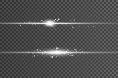 Beyaz parlayan ışık şeffaf bir arkaplanda patlar. Parlak sihirli toz parçacıkları. Parlak Yıldız. Şeffaf, parlak güneş. Vektör ışıltısı. Parlak bir ışıltı için.
