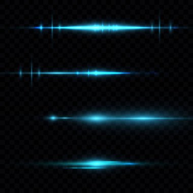Mavi yatay mercek fişekleri, lazer ışınları, ışık parlamaları. Işık ışınları, şeffaf arka planda parlak altın parlaklığında parıldıyor. Parlak soyut parlak çizgiler. Vektör illüstrasyonu