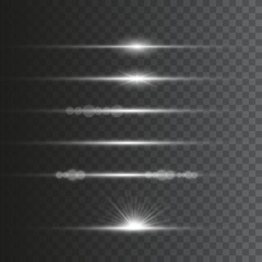 Yatay mercek fişekleri, lazer ışınları, ışık parlamaları. Işık ışınları, şeffaf arka planda parlak altın parlaklığında parıldıyor. Parlak soyut parlak çizgiler. Vektör illüstrasyonu