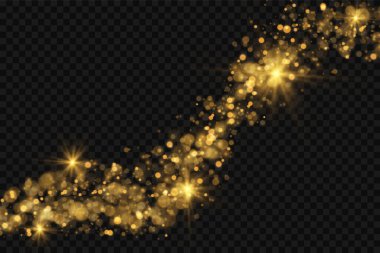 Toz kıvılcımları ve altın yıldızlar özel ışıkla parlar, bokeh etkisi. Şeffaf bir arkaplanda vektör parıldıyor. Noel ışığı etkisi. Parlak sihirli toz parçacıkları.