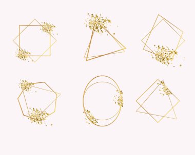 Altın geometrik çerçeveler. Geometrik çokyüzlü, düğün davetiyesi için sanat deco tarzı, Gerçekçi 3d Detaylı Altın Çokgen Çerçeve İnce Satır Davet Dekorasyonu.