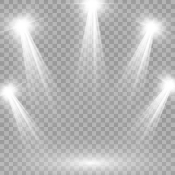 スポットライト付きの明るい照明 ステージ照明スポットライトのコレクション プロジェクター光の効果 シーン 透明な背景に隔離されたスポットライト ステージ照明大規模なコレクション ベクトル — ストックベクタ