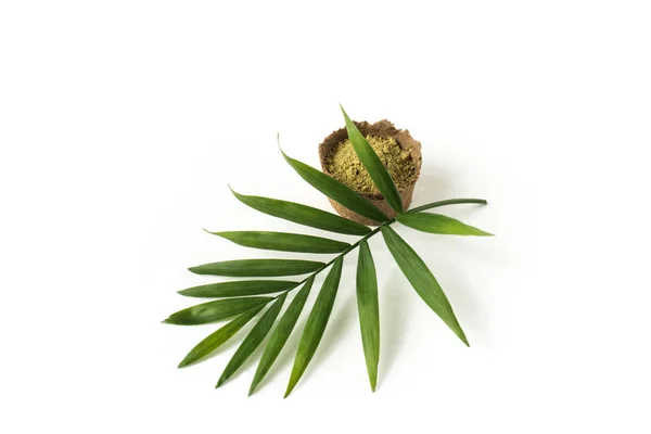 Henna pó para tingir cabelo e sobrancelhas e desenho mehendi a mãos, com folha de palma verde — Fotografia de Stock